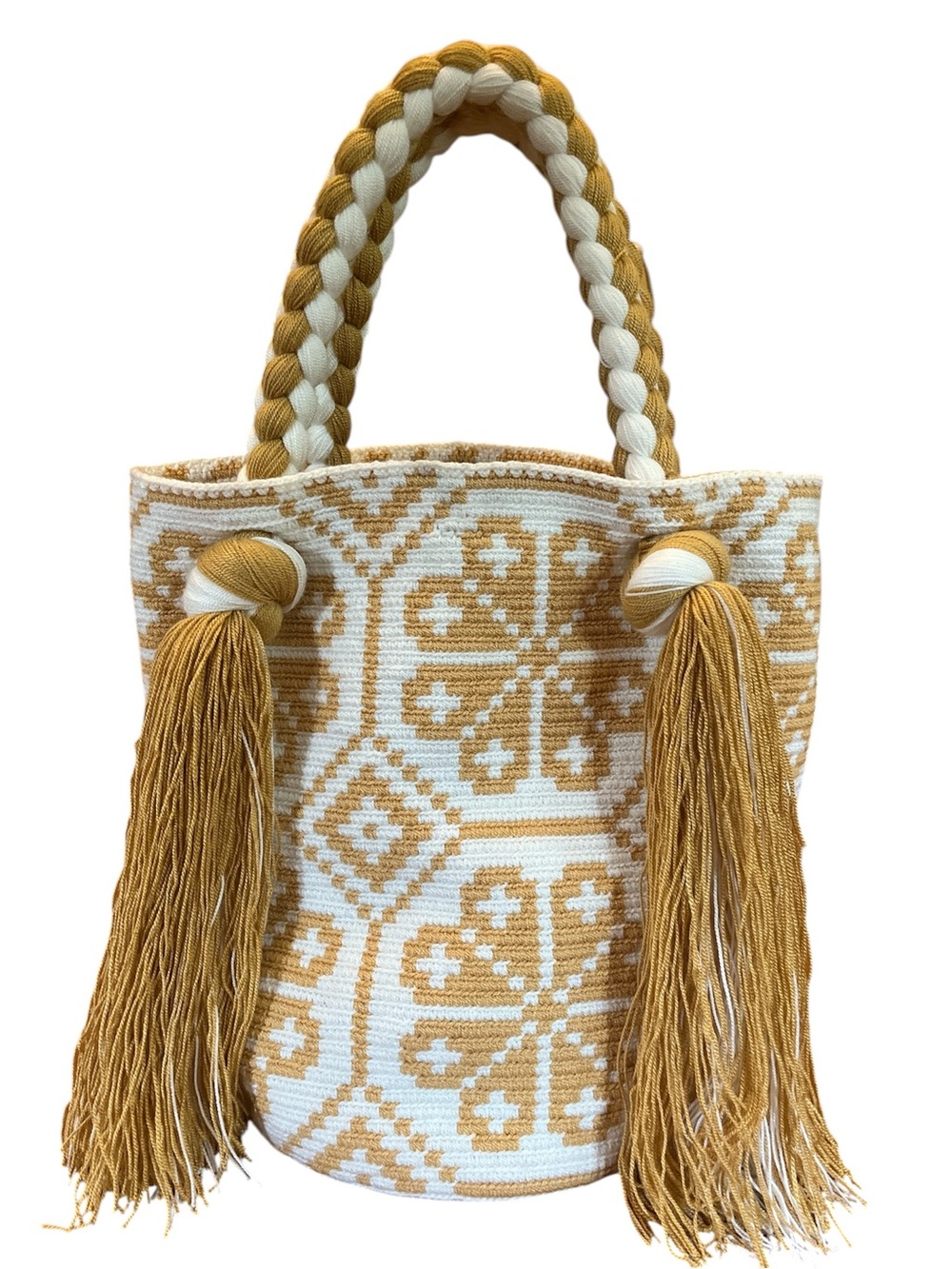 Wayuu Mochila bag Handwoven Tote Bag Cream & Mustard floral & Tassel design. - Picture 12 of 12